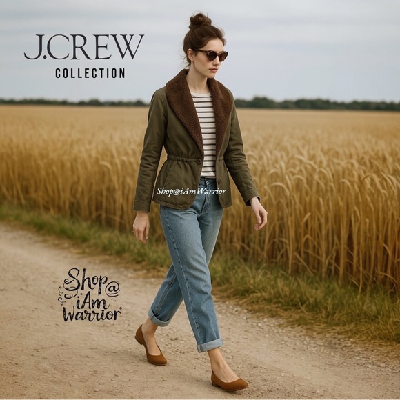 J.Crew Collection cotton fatigue utility jacket with removable shearling collar - Picture 1 of 12